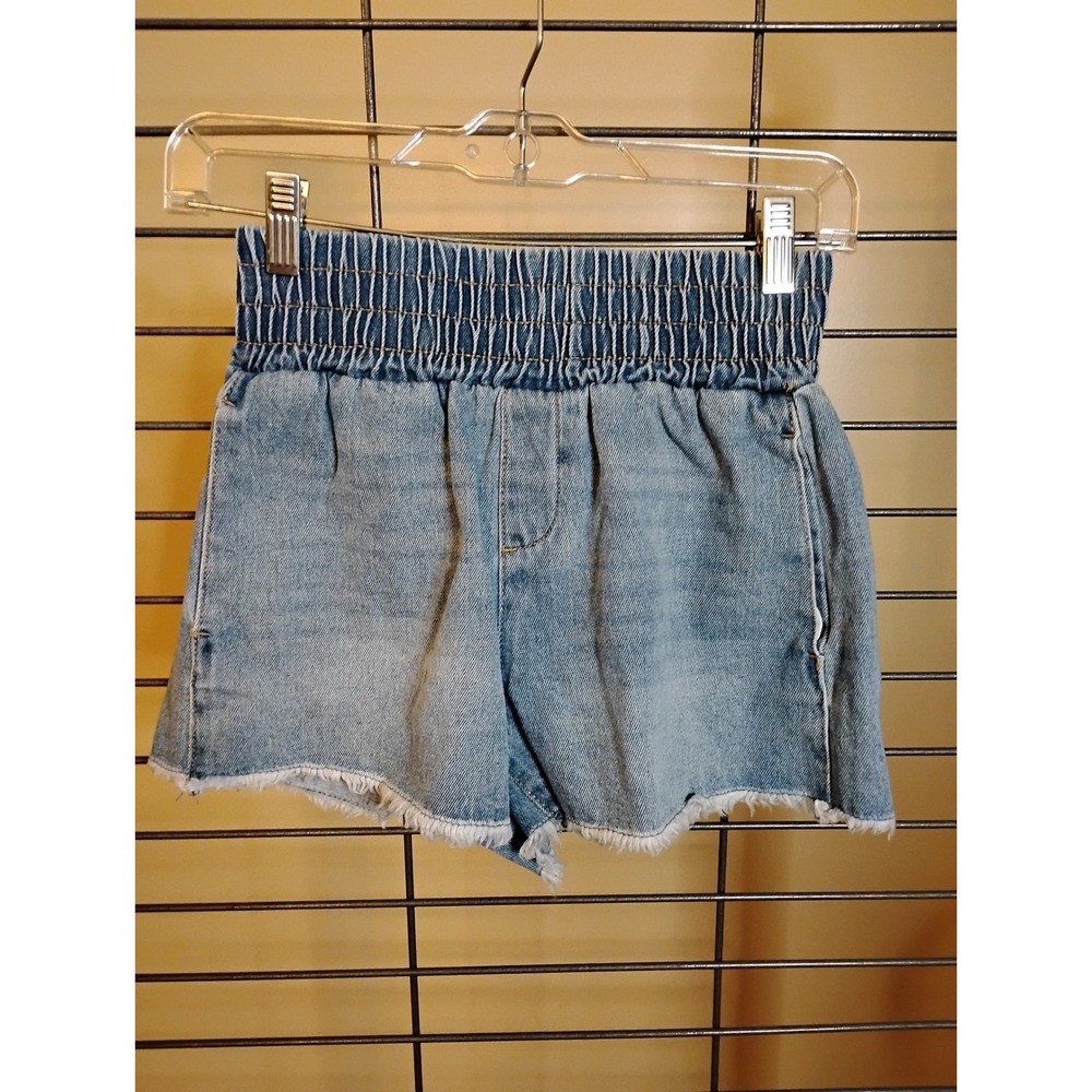 No Boundaries Womens Smocked Waist Denim Shorts Light Wash Frayed‎ Hem XS 1